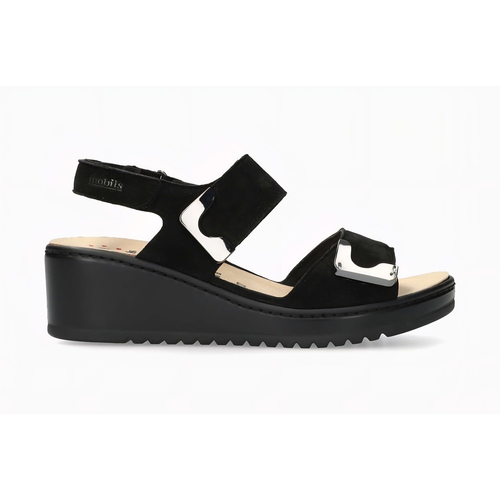 Mobils by Mephisto Nawel Black Suede Wedge Sandals Metallic Buckle Size 39